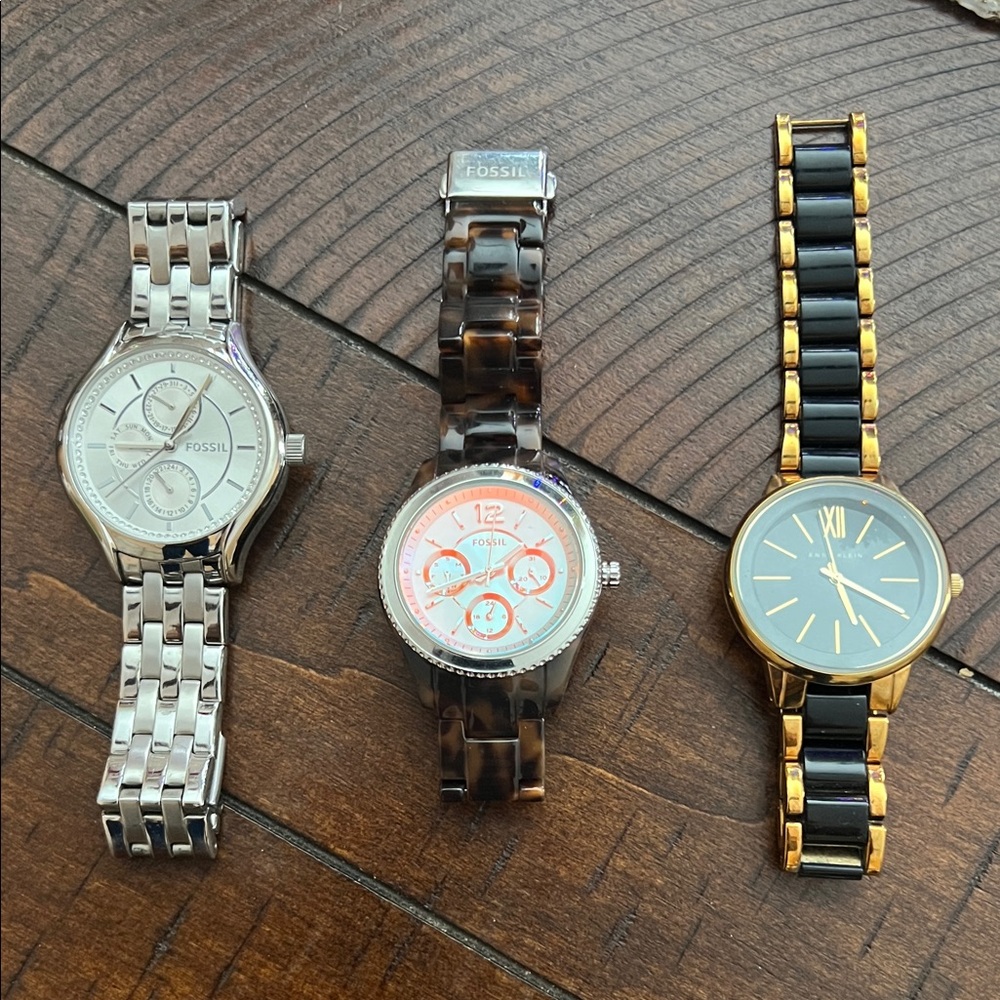Fossil Silver, Fossil Tortoise, and Anne Klein Gold & Black Watches